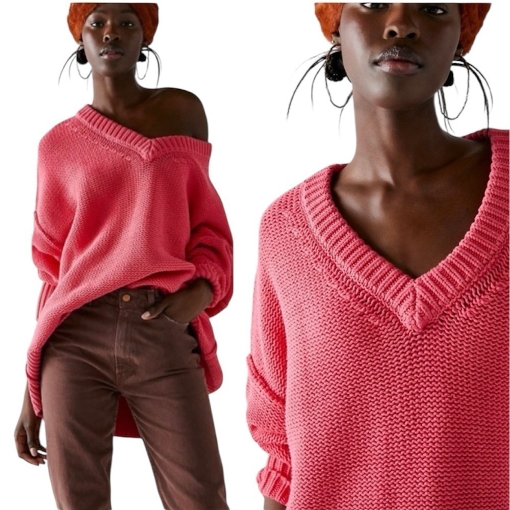 Free People | Pink V-Neck Chunky Knit Oversized Alli Sweater Size Small